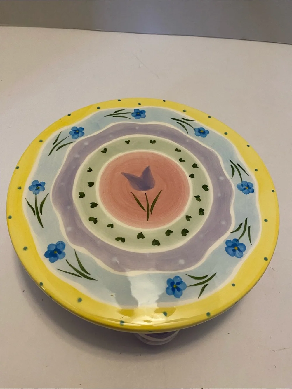 Cake Stand Ceramic Hand Painted Whimsical 8” Flowers Inc. Easter Egg Legs